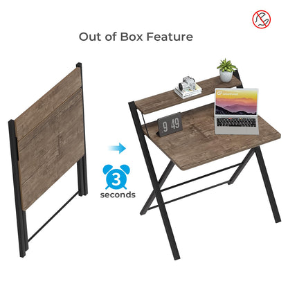 GreenForest No Assembly Required Folding Desk with Monitor Shelf,Brown