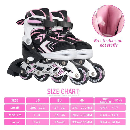 Nattork Roller Skates for Girls with Full Light up Wheels, Adjustable Beginner Inline Skates for Little Kids, Pink, Size 10J 11J 12J