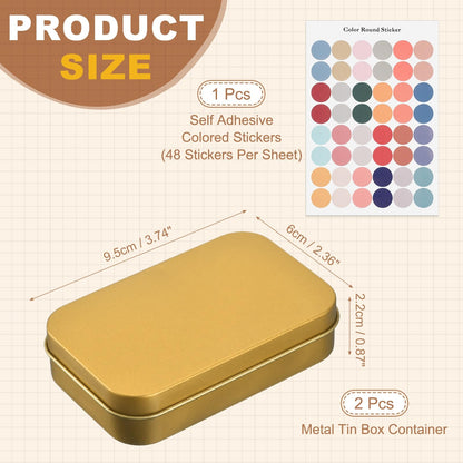 sourcing map 2Pcs Metal Tin Box Container, 3.7x2.4x0.9 Rectangular Empty Box with Self Adhesive Colored Stickers