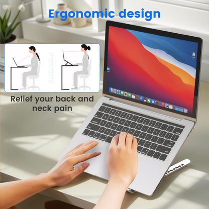 GrandMil Adjustable Laptop Stand for Desk – Foldable & Portable ABS+Silicone Riser, Ventilated Cooling Holder for 10-17.3” Laptops & Tablets (Black)