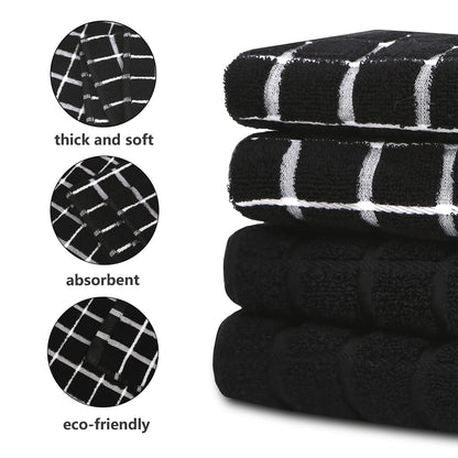 samsto Kitchen Towels Cotton Black - Tea Towels Absorbent - Thick Dish Hand Towels for Kitchen with Hanging Loops, 45x65cm, 4 Pack