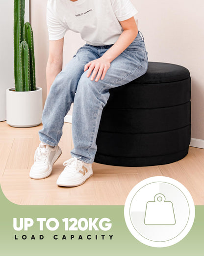 Bonlife Large Storage Ottoman Round - Folding Foot Rest with Hidden Storage, Black Velvet 58x58x44cm for Living Room, Bedroom & Hallway