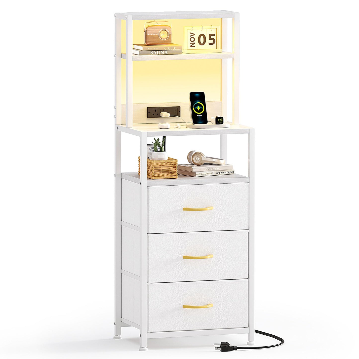 VERMESS Bedside Table with 3 Drawers and Charging Station, Small Nightstand for Bedroom, Chest of Drawers Bedroom, Storage Drawers for Living Room,