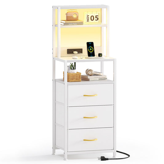 VERMESS Bedside Table with 3 Drawers and Charging Station, Small Nightstand for Bedroom, Chest of Drawers Bedroom, Storage Drawers for Living Room,