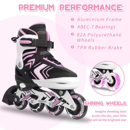 Nattork Roller Skates for Girls with Full Light up Wheels, Adjustable Beginner Inline Skates for Youth, Pink Ages 8-12