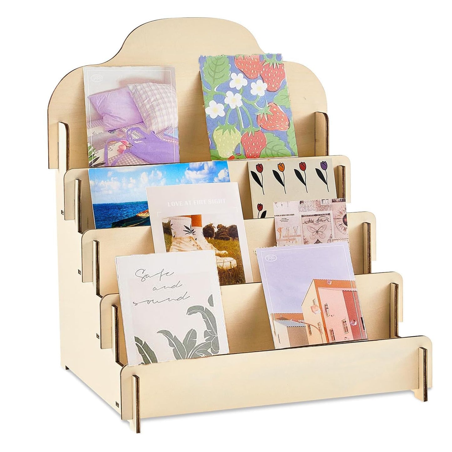 Lansls 5 Tier Wooden Greeting Card Display Stand, Sturdy Postcard & Sticker Holder Rack, Portable Literature Organizer for Office, Home