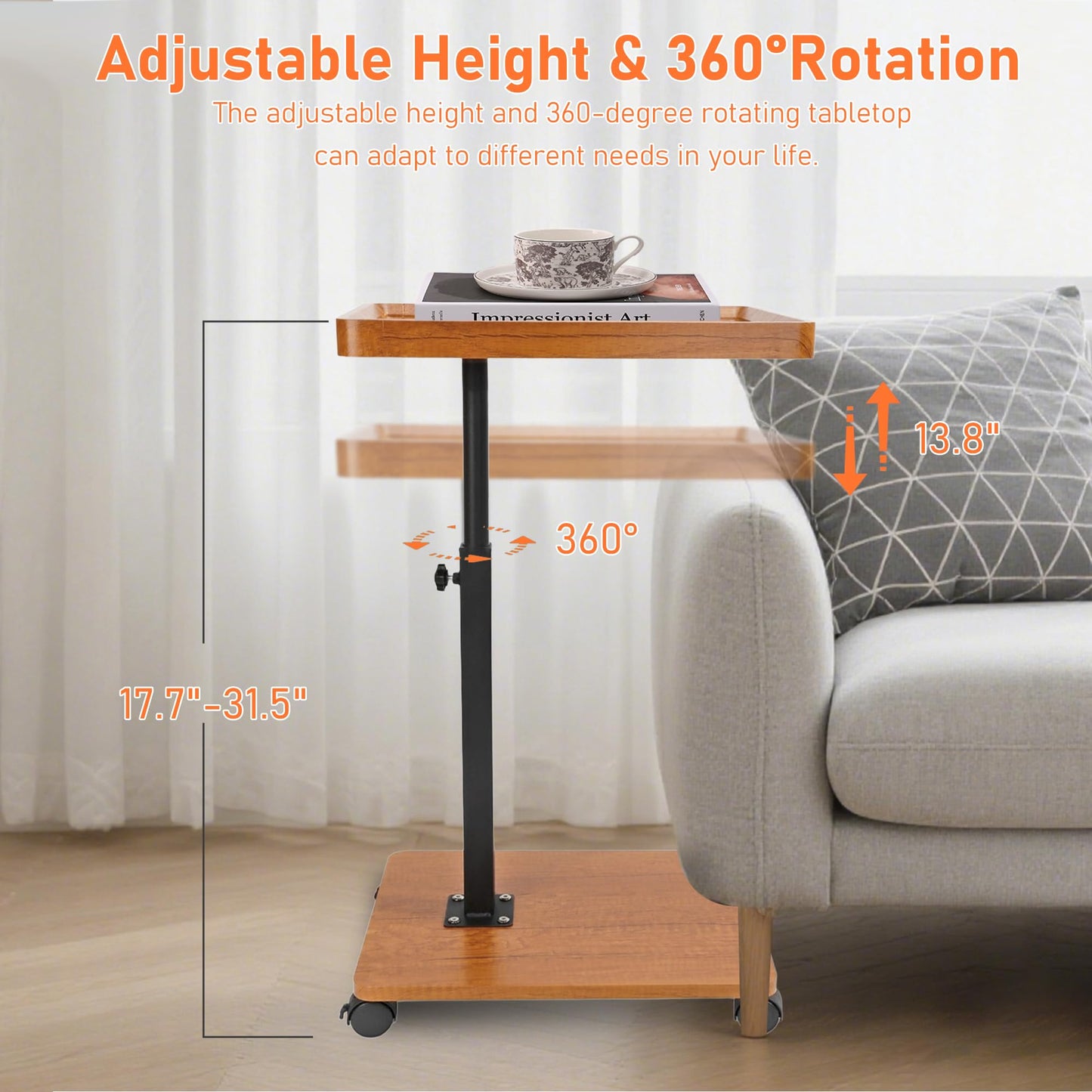 YYW C Shaped Side Table, Height Adjustable Bedside Table with Wheels, 360°Swivel Sofa End Tables, Wooden Coffee End Table for Living Room Bedroom
