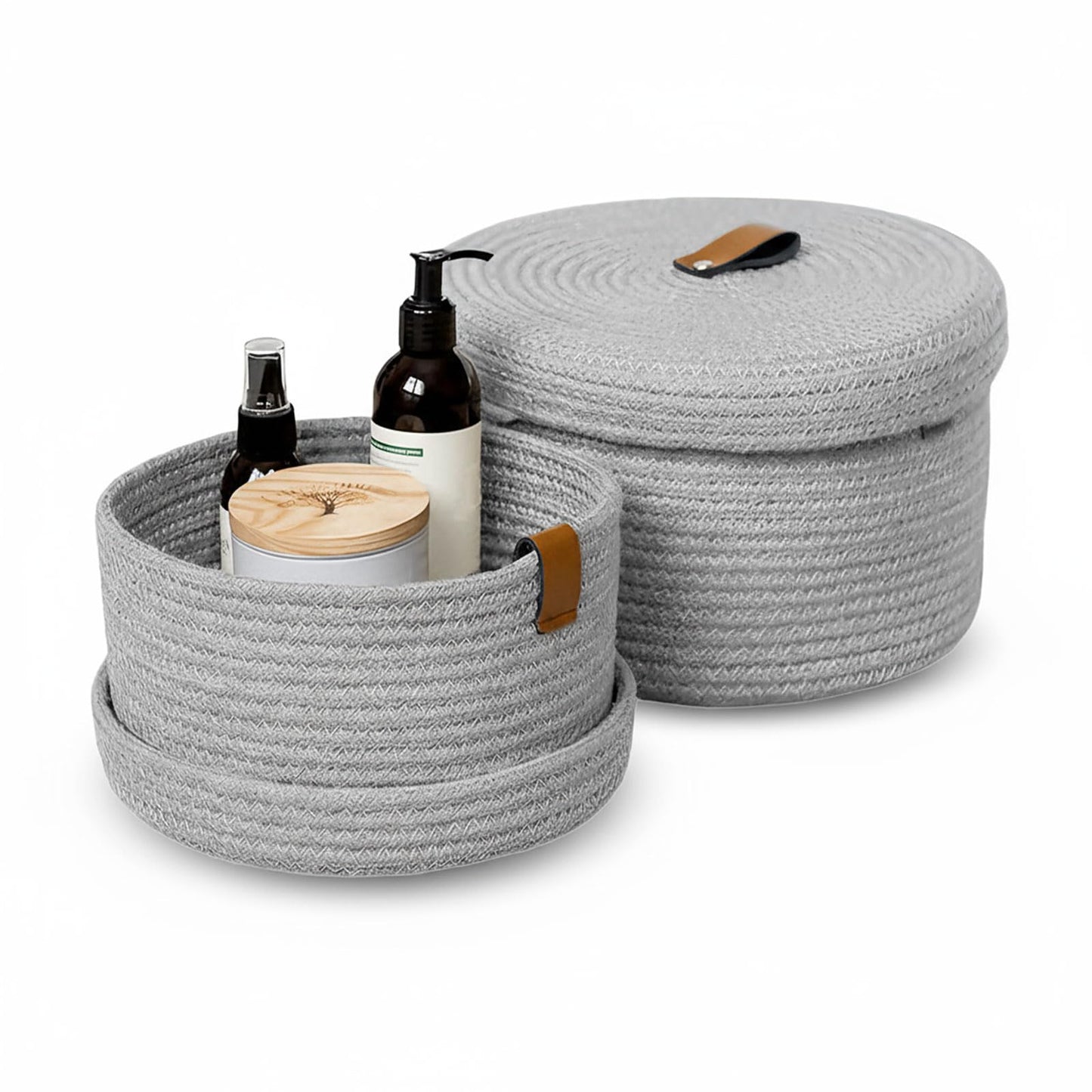 Set of 2 Storage Basket with Lid, Round Cotton Rope Decorative Basket with Leather Handles, Multifunctional Woven Baskets for Shelves, Bedroom