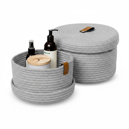 Set of 2 Storage Basket with Lid, Round Cotton Rope Decorative Basket with Leather Handles, Multifunctional Woven Baskets for Shelves, Bedroom