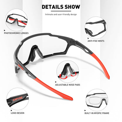 KAPVOE Photochromic Cycling Glasses, UV400 Protection, TR90 Frame, Men Women Clear Sports Sunglasses for Cycling, Running, Baseball, mtb, Driving,