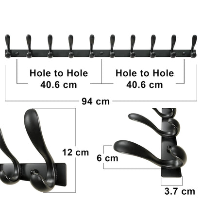 HONSKY Wall Mounted Coat Rack - 94cm Long Heavy Duty Metal 10 Double Hook, Sturdy & Space-Saving, for Hallway,Bedroom, Entryway, Holds Jackets