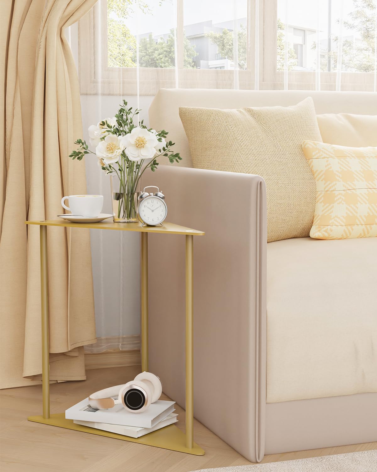 Yawinhe Triangle Metal Side Table,2-Tier Small Corner Table,Golden,1 Pack