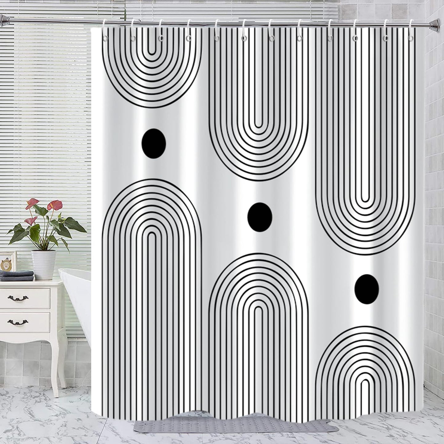 GKLEASG White and Black Shower Curtain, Boho Minimalist Mid Century Modern Arch Geometric Machine Washable Waterproof Fabric for Bathroom Bathtub