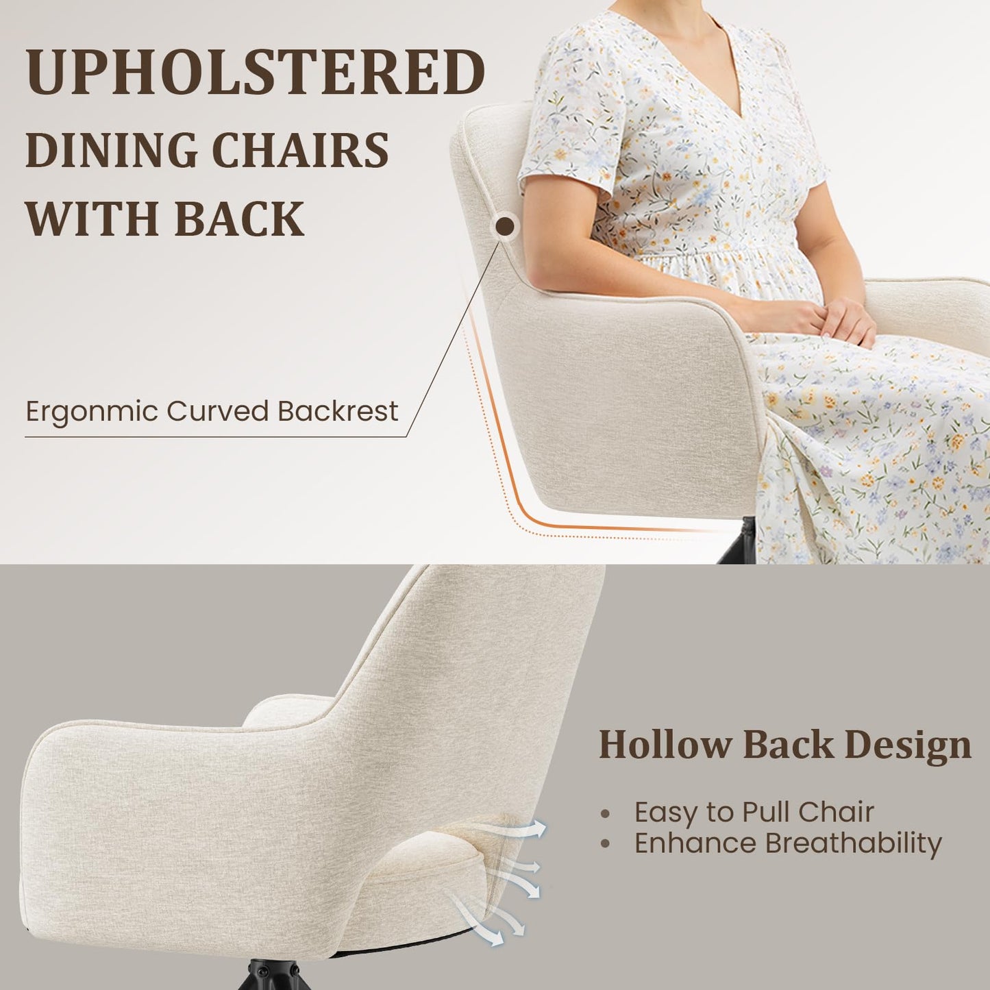 COLAMY 360°Swivel Dining Chairs Set of 2, Fabric Chairs for Dining Room with Armrests, Hollow Backrest and Thick Seat Cushion