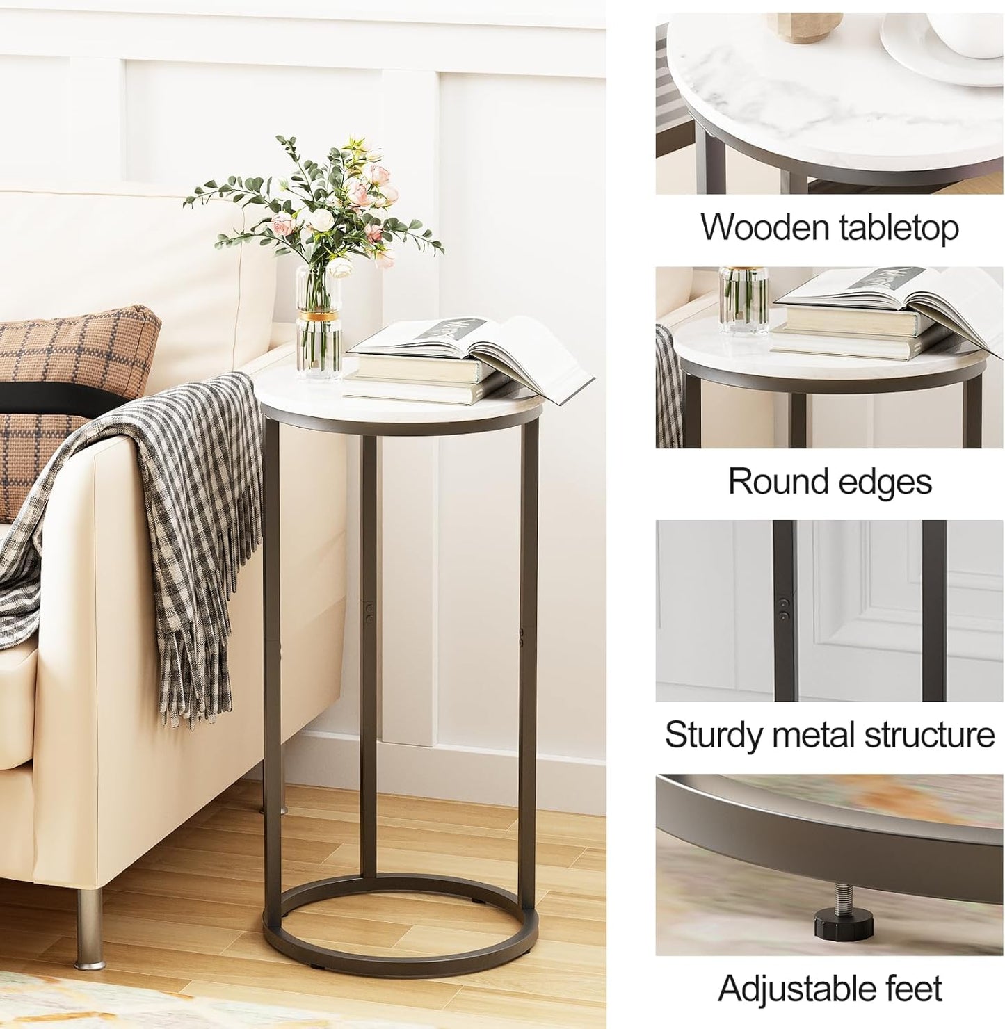 C Shaped End Table, Round Side Table, SofaTable, CoffeeTable Under Sofa, Small Couch Snack Tables, Bedside Tables with Metal Frame for Living Room