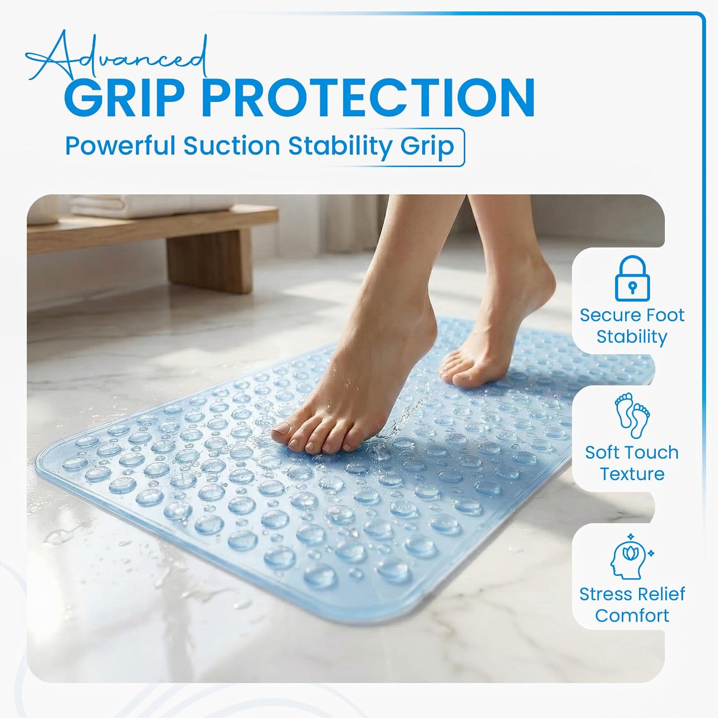 Rugs Garden Shower Bath Mats - Washable Non Slip Anti Mould Rubber Bathmat with Suction Cups for Bathtub and Bathroom (Sky Blue, 38x70 cm)