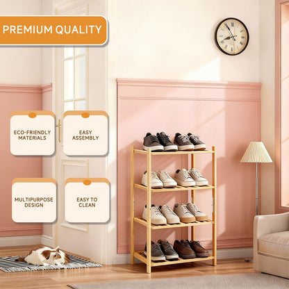 Akloya Small Shoe Rack, Multipurpose 4 Tier Shoe Organizers Rack，Small Bamboo Shelfs for Shoes, Plants, Books, Living Room, Hallway Bedroom, Bathroom