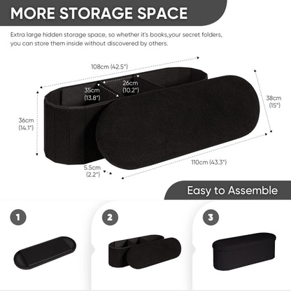 Bonlife Folding Ottoman Storage Bench,Boucle Footstool Oval, End of Bed Stool, Ideal for Living Room, Bedroom, 100L Storage Space,Black