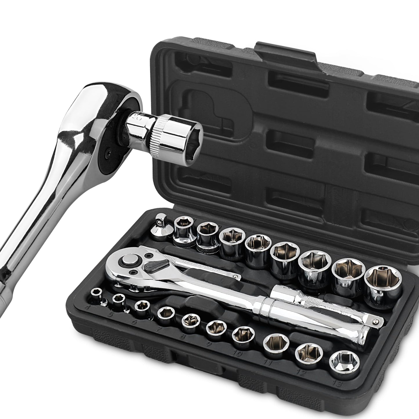 Hi-Spec 22-Piece Metric Socket Set 1/4? & 3/8? Drive with Reversible Ratchet, Extension Bar, Adaptor & Ratcheting Wrench in Compact Carry Case