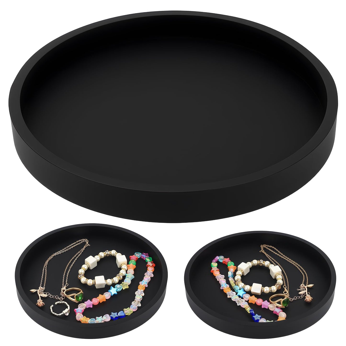 Black Trays for Cosmetics, Jewelry Tray Decorative Plate Bowl, Round Black Silicone Bathroom Trays for Toiletries Makeup Vanity Dressing Table
