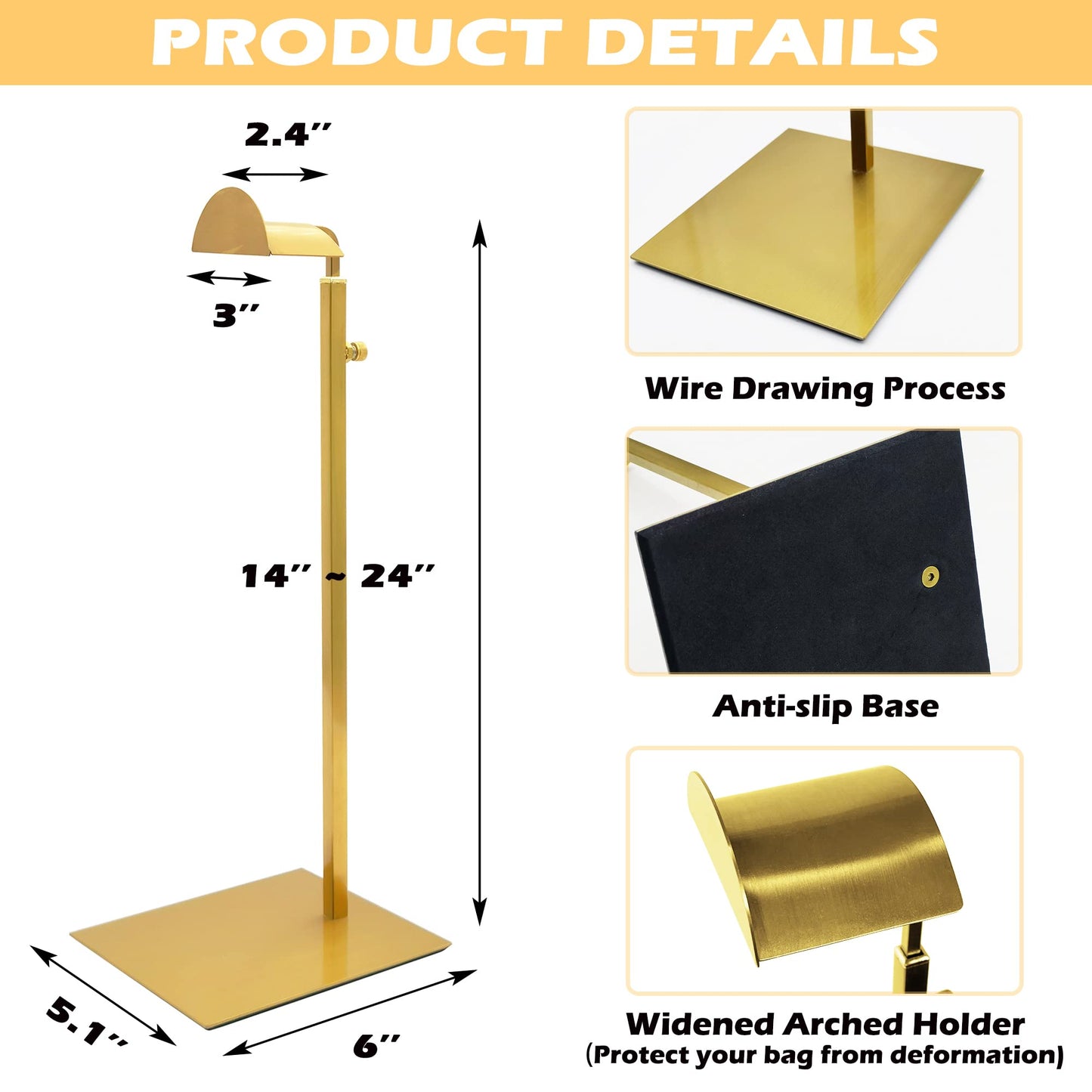 Royxen 3 Pack Handbag Rack Stainless Steel with Adjustable Height, Purse Display Stand Gold