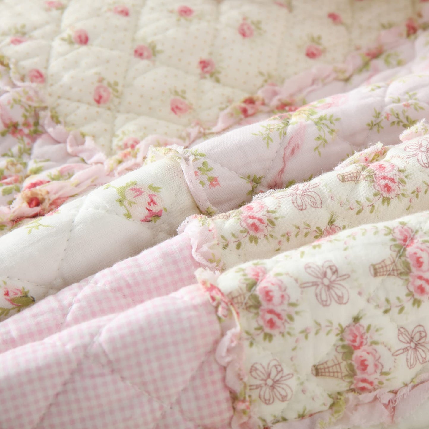 Qucover Single Bedspread Quilted Throw Soft 100% Cotton Pink Floral Patchwork Quilt 150x200 cm Decorative Sofa Couch Coverlet