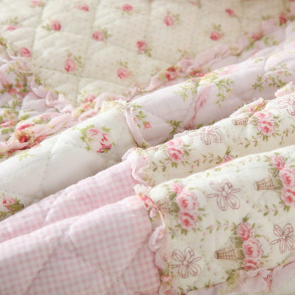 Qucover Single Bedspread Quilted Throw Soft 100% Cotton Pink Floral Patchwork Quilt 150x200 cm Decorative Sofa Couch Coverlet