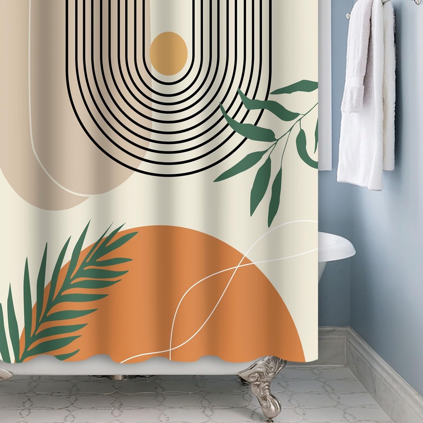 Xiaoterna Boho Sun Line Shower Curtain Rustic Boho Bathroom Curtain Modern Abstract Shower Curtain Green Leaves Sun Lace Lines Shower Curtain Machine