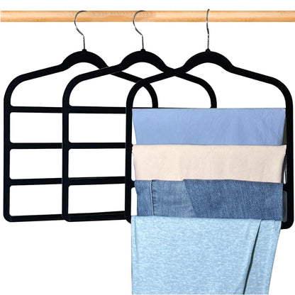 3 Pack Velvet Trouser Hangers - 4-Layer Space Saving Scarf and Jeans Hangers - Wardrobe Organiser and Space Saver Trouser Rack, Leggings Hanger