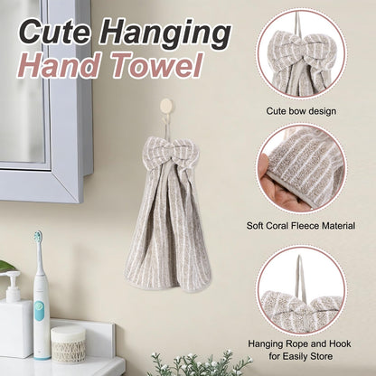 sourcing map 4Pcs Bow Hand Towels with Hanging Loop, 14.2" x 11.8" Soft Coral Fleece Microfiber Bowknot Hanging Hand Dry Towels Quick Dry and