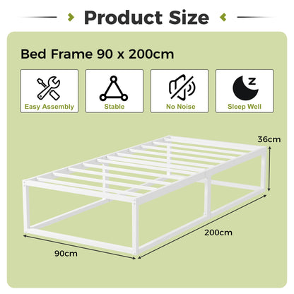 EMODA Metal Bed Frame 90 x 200cm with Steel Slats Support, White
