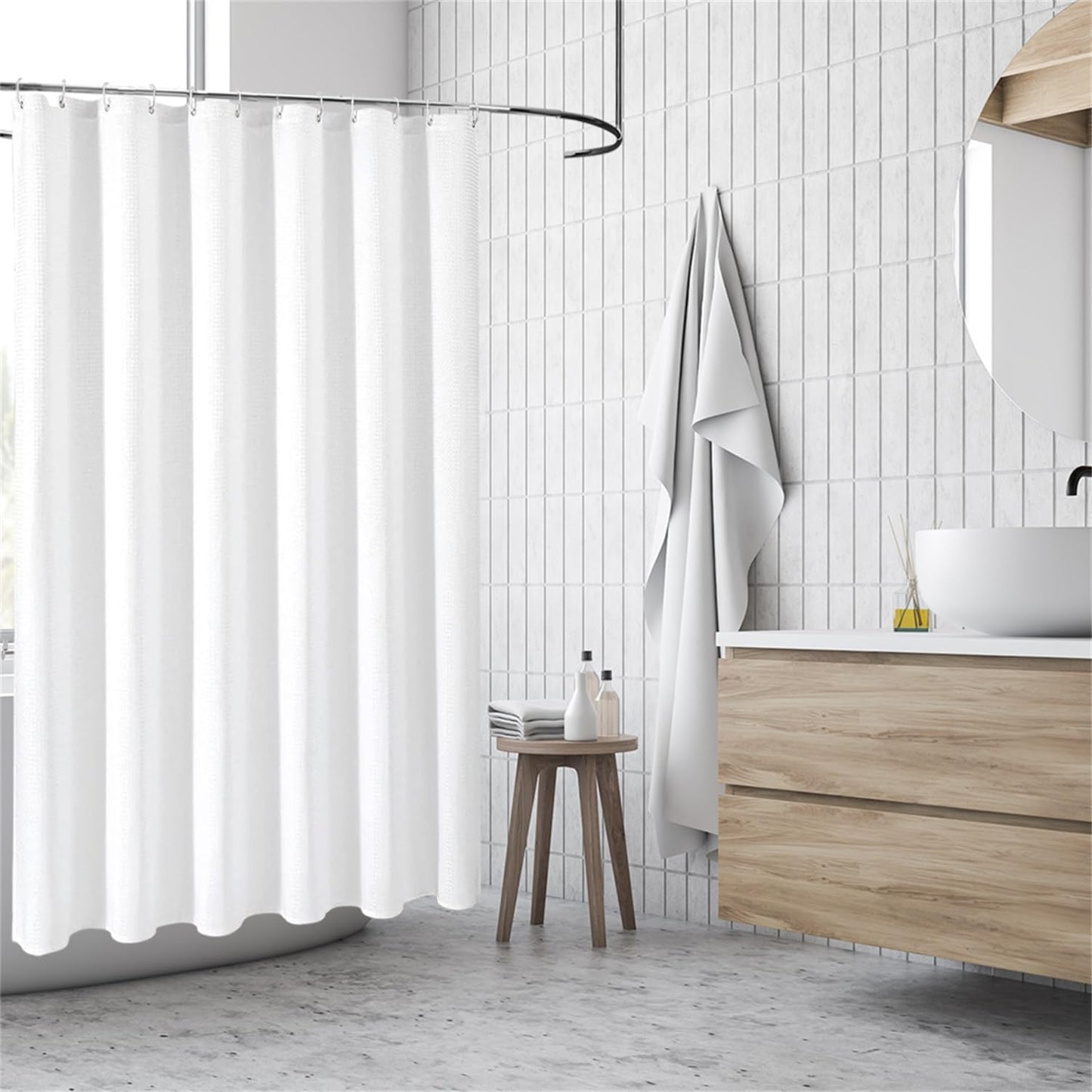goodbath White Waffle Shower Curtain for Bathroom Bathtub Decor, 180x180cm