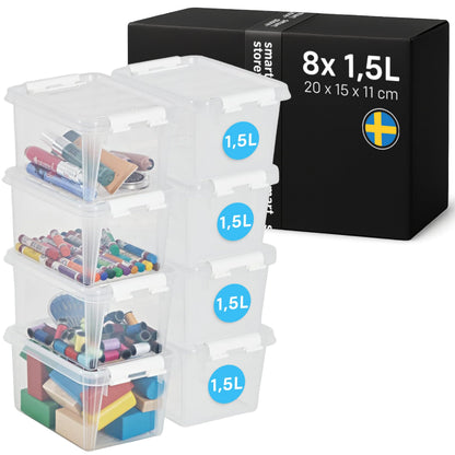 SmartStore - 8x Plastic Storage Box with Lid Classic 1.5L (20x15x11cm) |Storage Drawers|Food-Safe Material|Kitchen & Organisation|BPA-Free|Durable