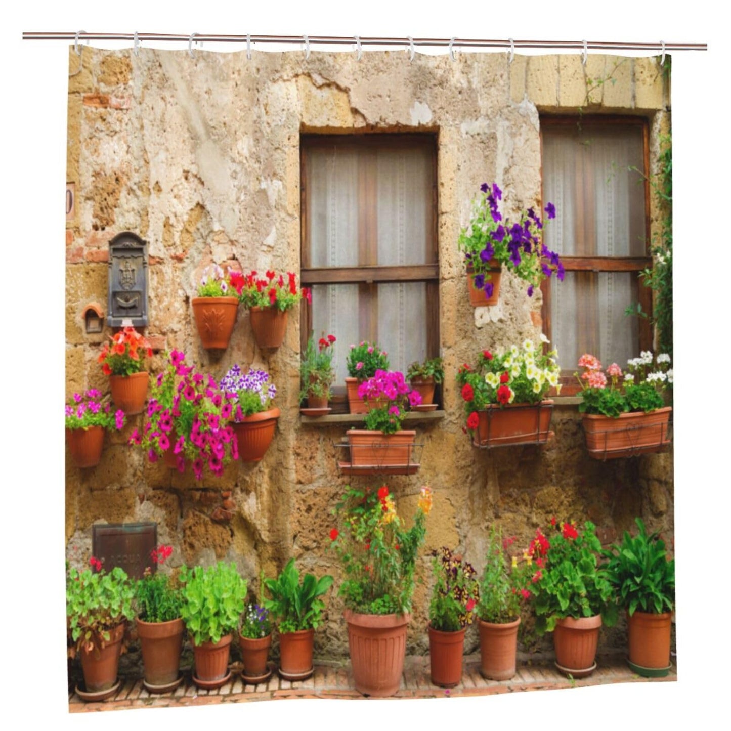 YUAOEUR 3D Garden Shower Curtain 79X72 Inch Fresh Plant Countrylife Style Retro Old Stone Wall Floral Basket Door Scenery with Green Plants Scenery