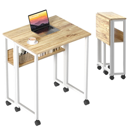 GreenForest Small Folding Desk with Storage Shelf,63 cm Computer Rolling Desk on Wheels Easy Assembly,Foldable desk for Small Space,Oak