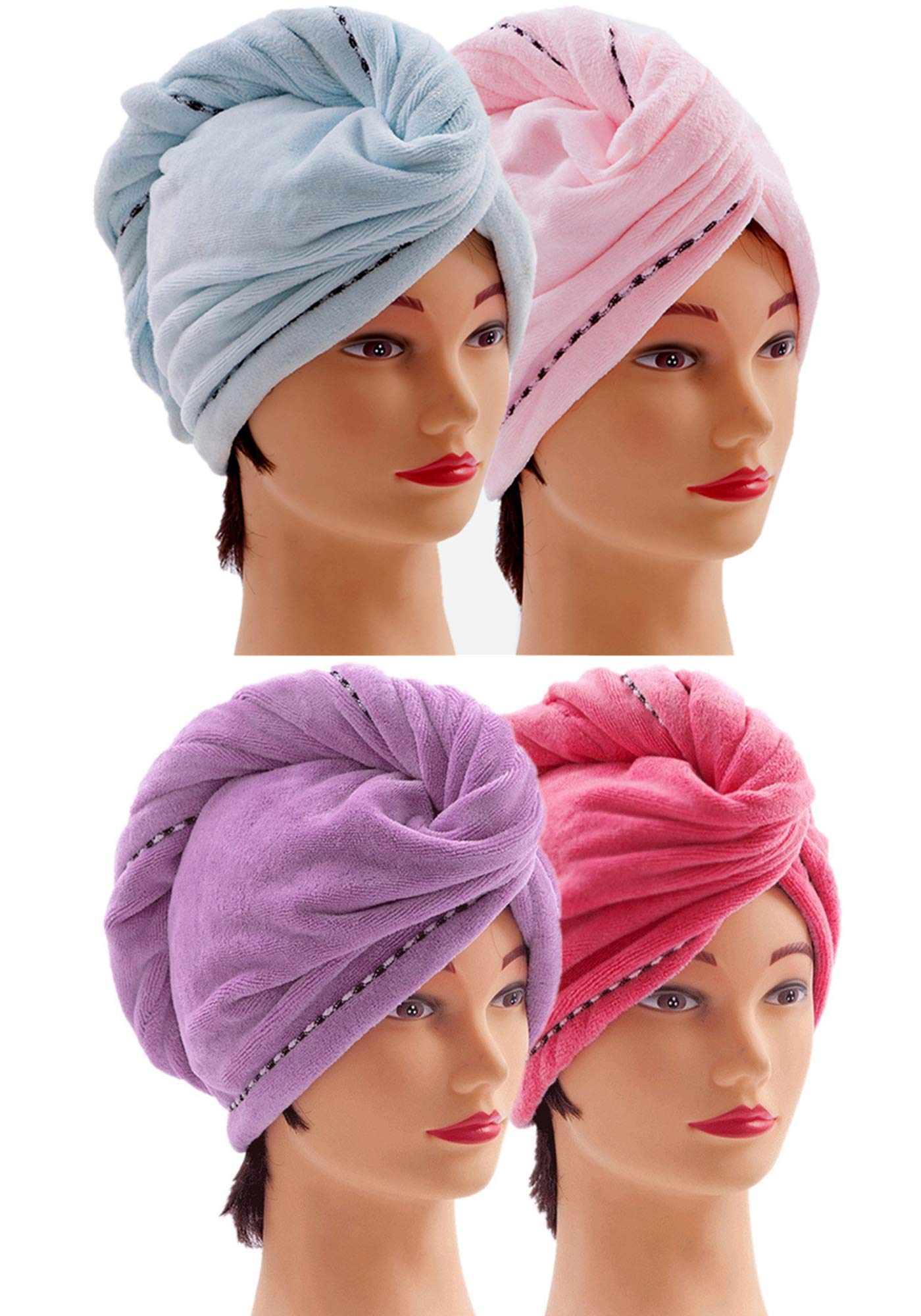 CAIHONG Microfibre Hair Towel 4 Pack, Hair Turbans for Wet Hair with Button, Head Towels Wrap Super Absorbent for Women Curly, Long, Short Hair