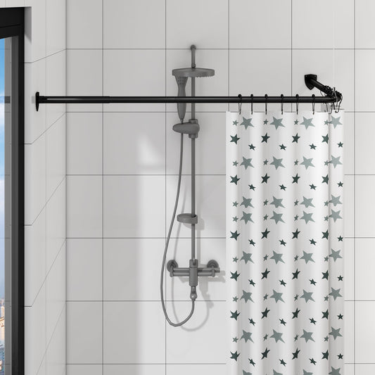 Shower Curtain Pole, L Shaped Shower Curtain Rail, Extendable Shower Curtain Rod for Bathroom, Clothing Store, Stainless with 12 Ring Hooks & Ceiling