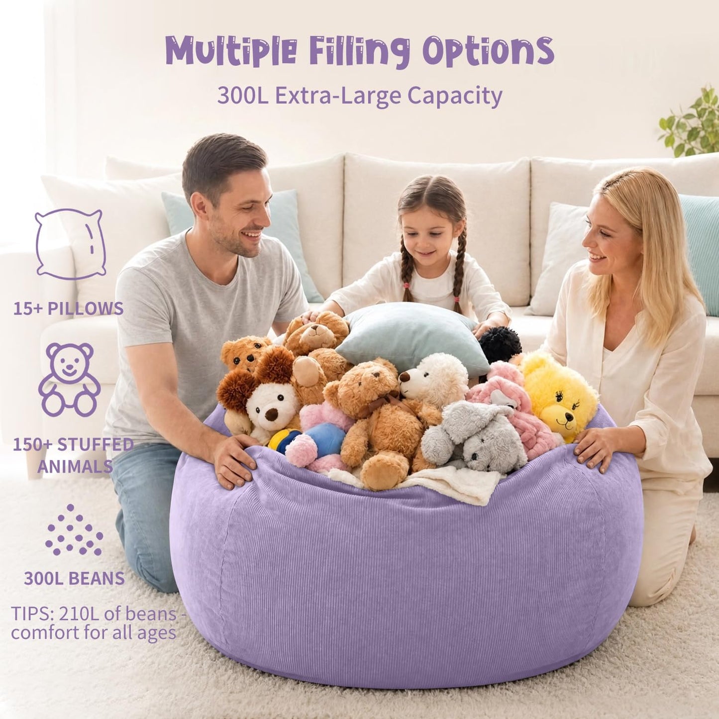 Nobildonna 3 ft Bean Bag Chair Cover (No Filler) for Adults and Kids 300L Extra Large Stuffed Animal Storage Bean Bag Washable Soft Premium Corduroy