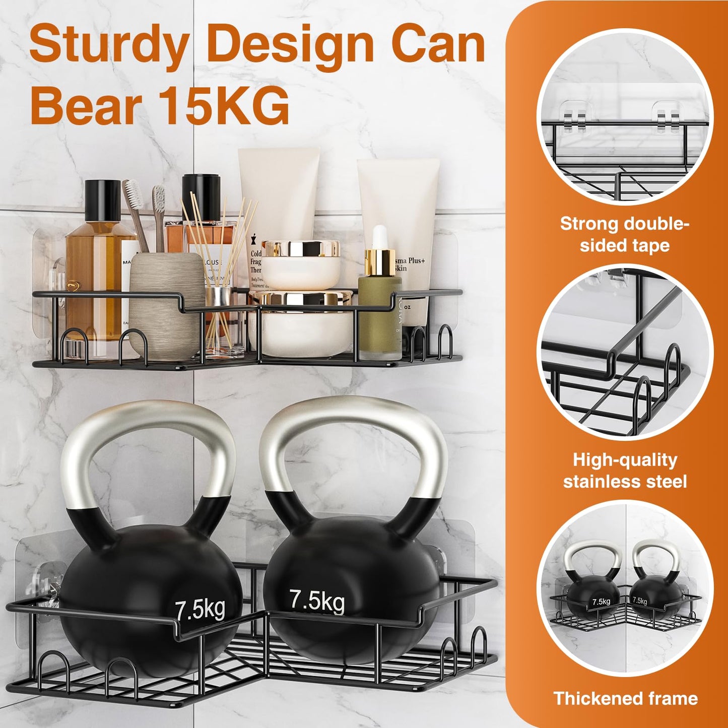 Diboniur Corner Shower Caddy 2 Pack, No Drilling, 8 Hooks, Black