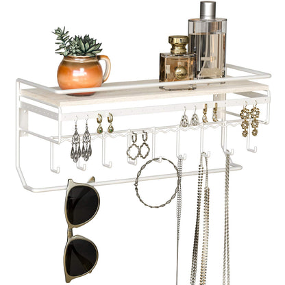 J JACKCUBE DESIGN JackCubeDesign Hanging Jewelry Organizer with 9 Hooks, Wall Mount Necklace Earring Bracelet Sunglass Holder with Wood Shelf
