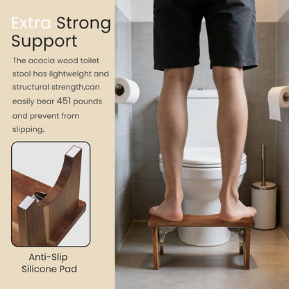 Fibogollo 40 cm Acacia Wood Toilet Stool Squat for Adults,Foldable Poop Stool for Bathroom,Portable Potty Step Stool with Non-Slip Strip,No Assembly