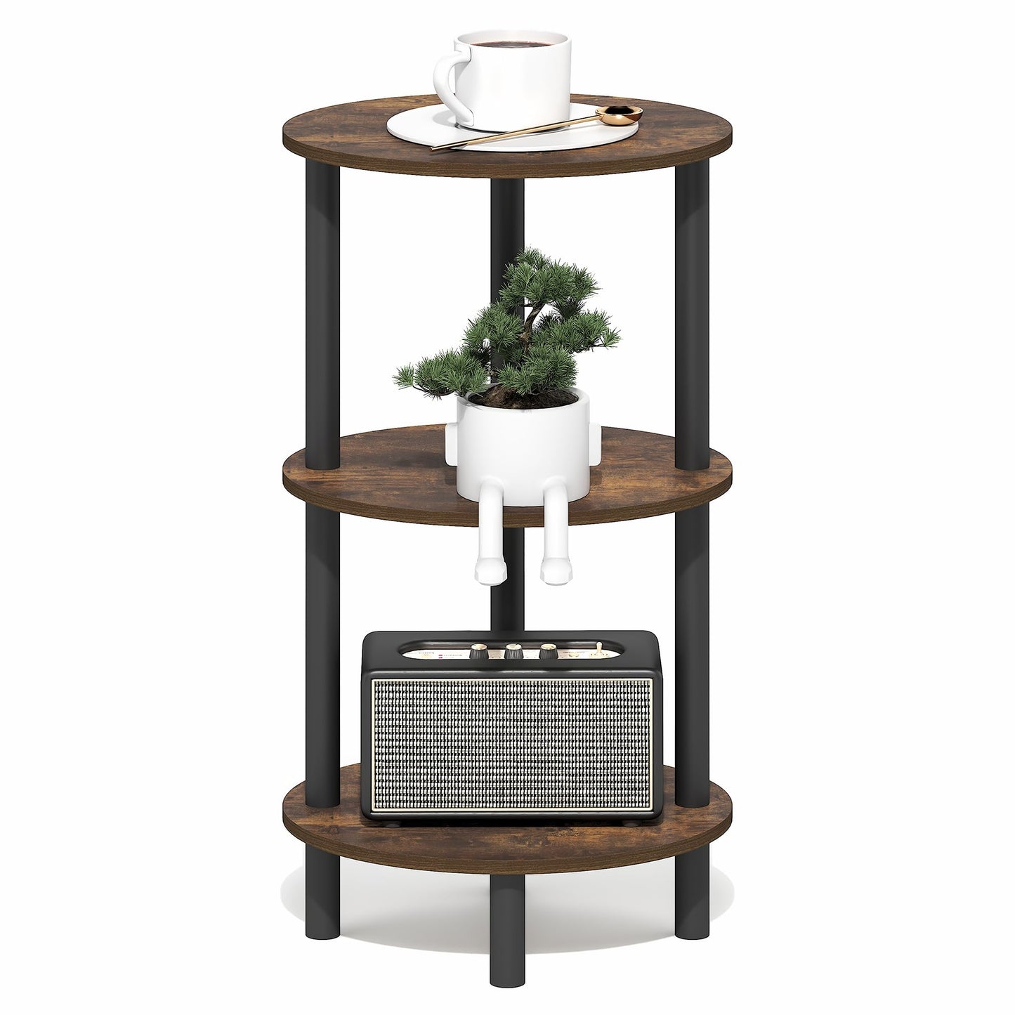 Furinno TURN-N-TUBE Side Table, 3-Tier Oval End Table, Night Stand, Bedside Table, for Living Room, Bedroom, Amber Pine/Black