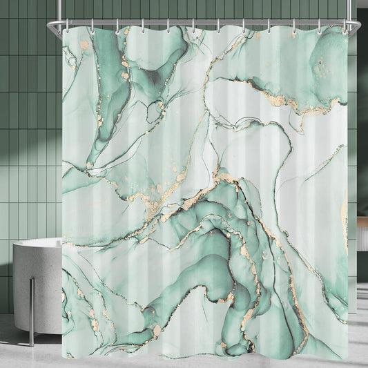 Lerores Shower Curtain, 180 x 200 cm, Mint Green Marble, Weighted Hem, Anti-Mould, Water-Repellent, Washable Polyester Bath Curtains with 12 Eyelets