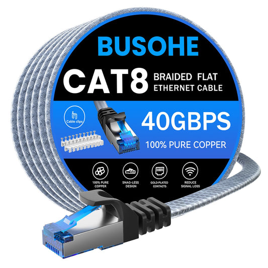 BUSOHE Cat 8 Ethernet Cable 20M, 40Gbps/2000Mhz Flat High Speed Network Cable, Braided Flat Gigabit Rj45 STP Shielded Internet Lan Cables Cord