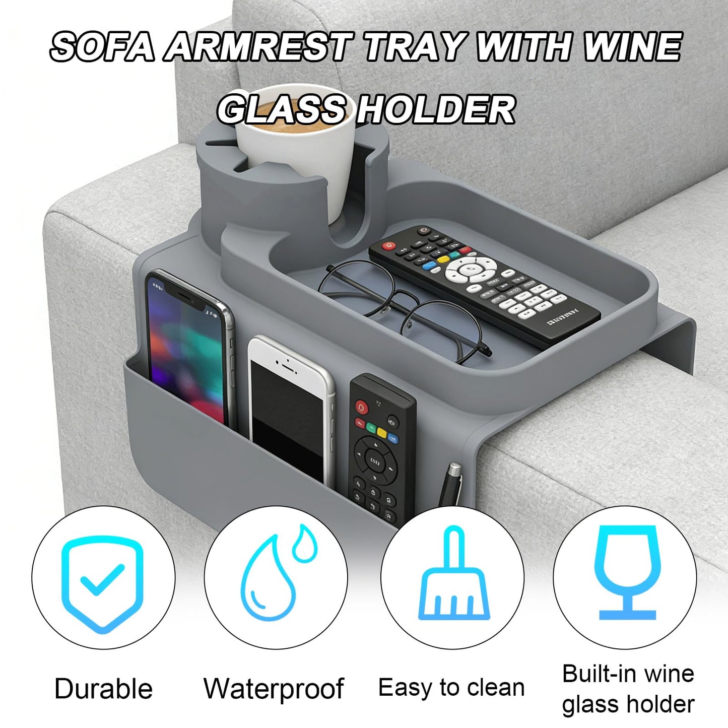Sofa Arm Tray - Silicone Non-Slip Armchair Tray Caddy, Arm Chair Armrest Table Trays, with Double Side Pockets, Sofa Organiser for Cups, Phones