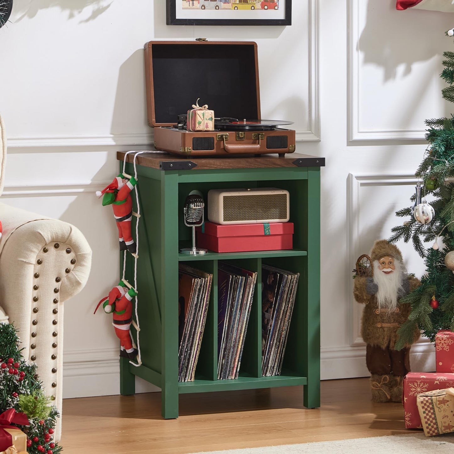 LELELINKY Record Player Stand with Vinyl Record Storage, Green