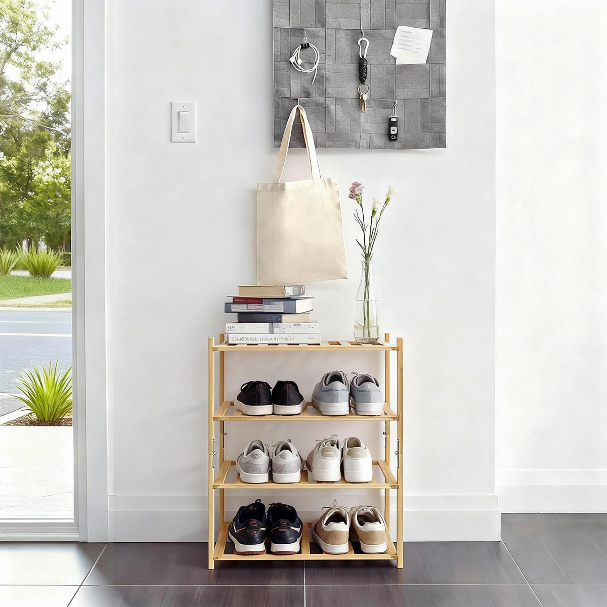 Akloya Small Shoe Rack, Multipurpose 4 Tier Shoe Organizers Rack，Small Bamboo Shelfs for Shoes, Plants, Books, Living Room, Hallway Bedroom, Bathroom