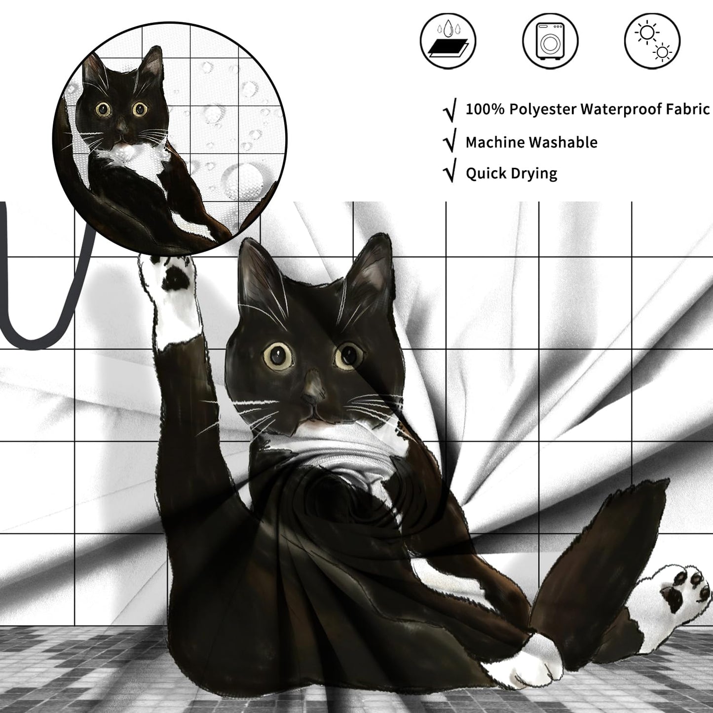 ASDCXZ Funny Cat Shower Curtain 180x200 cm, Cute Cartoon Black Kitten Kids Bathroom Hilarious Waterproof Bath Curtain Polyester Textile Washable