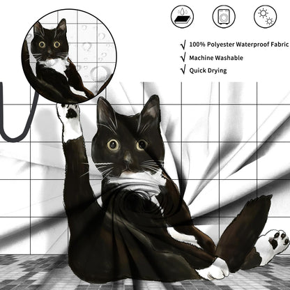 ASDCXZ Funny Cat Shower Curtain 180x200 cm, Cute Cartoon Black Kitten Kids Bathroom Hilarious Waterproof Bath Curtain Polyester Textile Washable