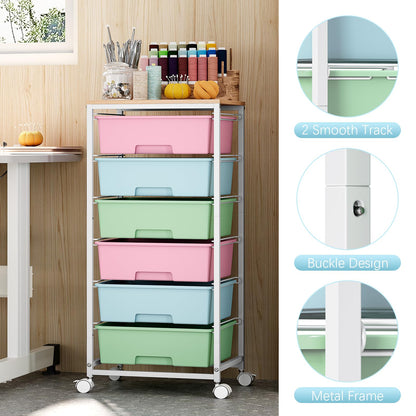 Rolling Storage Cart with 6 Drawers and Wooden Tabletop, Lockable Wheels Utility Cart for Art Studios, Office Supplies & Craft Room Organization